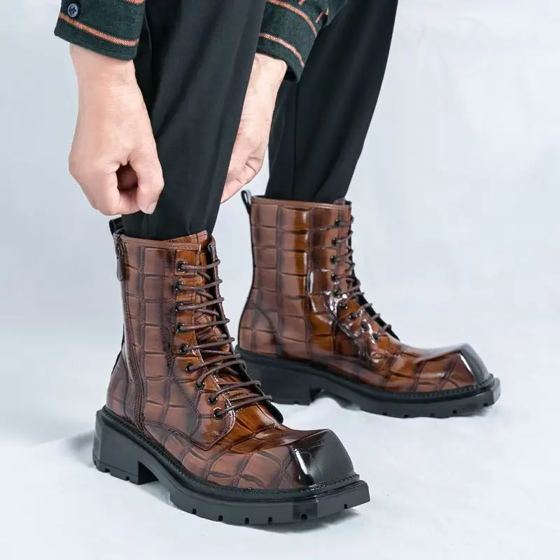 Stylish Mens Leisure Cowboy Boots Simple Leather Ankle Boot Street Style Male Short Botas Outdoor Chelsea Boots High Top Shoes