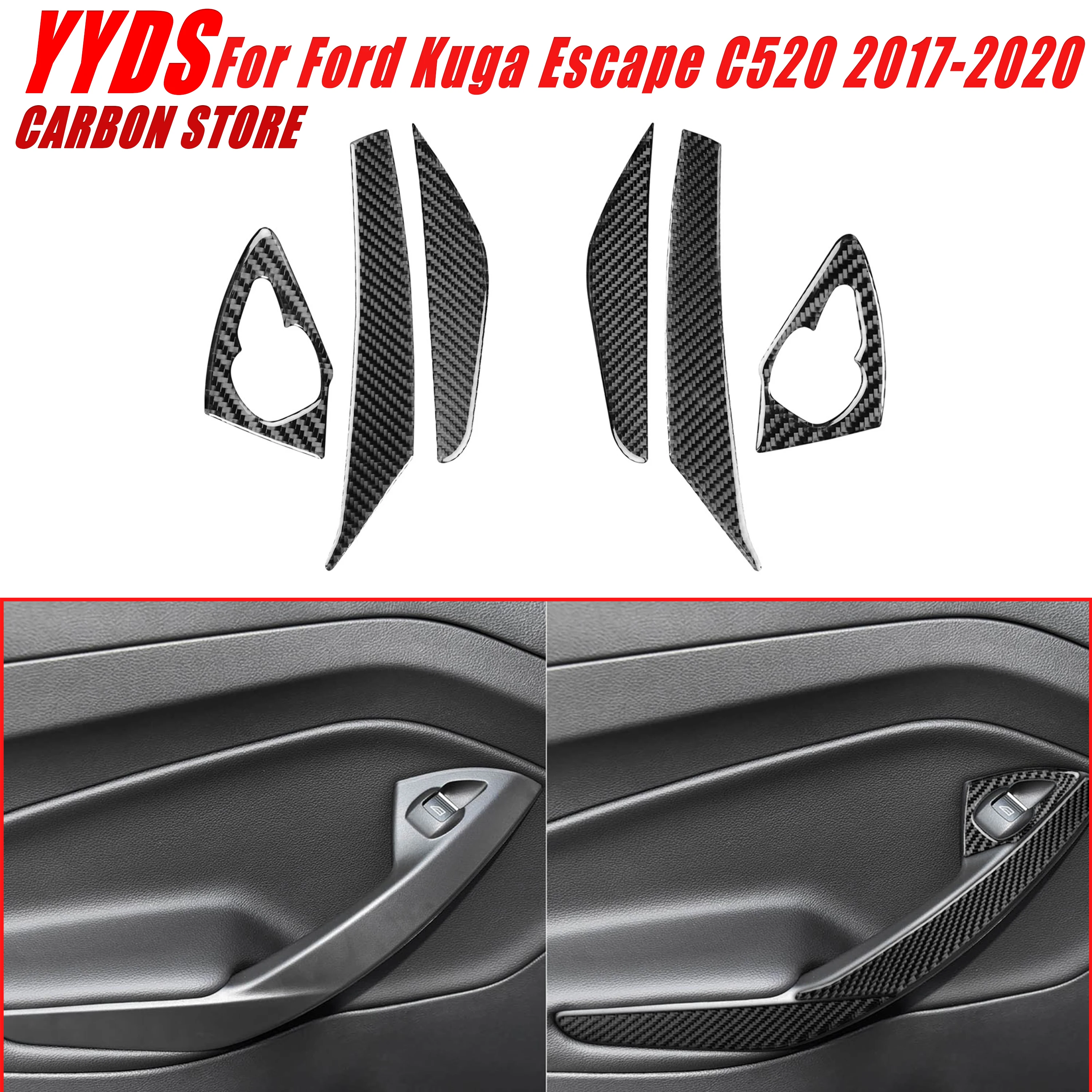 For Ford Kuga Escape C520 2017-2020 Real Soft Carbon Fiber Car Interior Rear Door Armrest Window Lift Switch Panel Cover 6Pcs