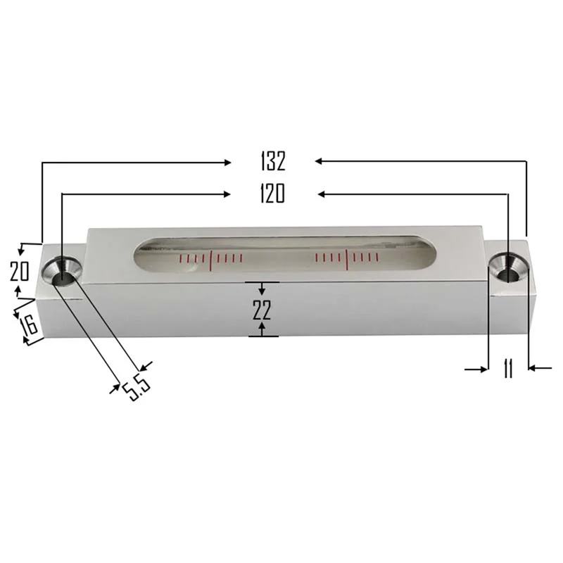 High Precision Metal Strip Level Bubble Mini Spirit Level Measuring Instrument Size 132X22X20mm 0.02mm/M