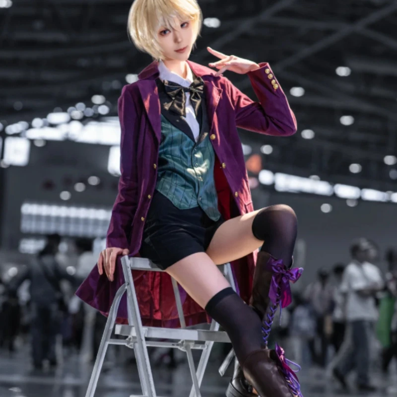 Black Butler II Alois Trancy Cosplay Costume Purple Long Coat Forest Green Vest Full Set with Stockings for Men Cosplay Party view 5
