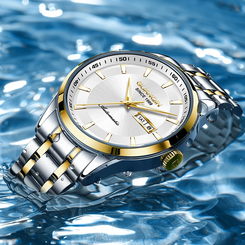 GUANQIN Luxury Mechanical Watches for Man Automatic Movement Stainless Steel Case Weekly Calendar Display Luminous Waterproof