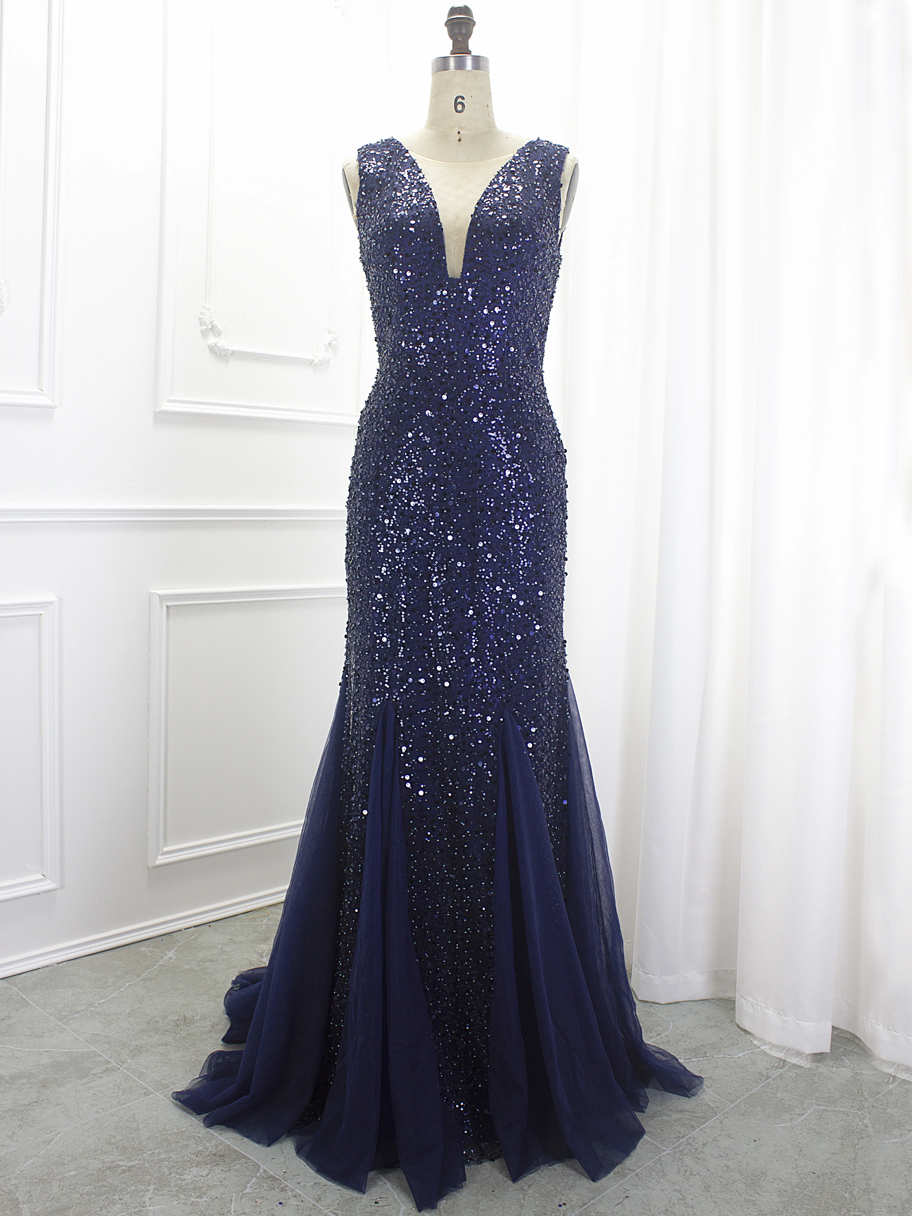 Robe de Soirée de Forme Sirène à Col en V et Manches Luxueuses pour Femme, Tenue de Bal Formelle, Bleu Marine, Perlée, au Meilleur Prix, Offre Spéciale, 2024