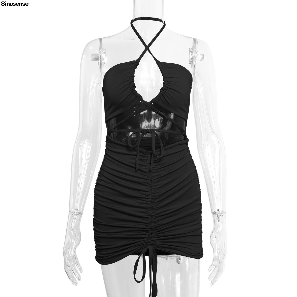 ผู้หญิง Ruched Bodycon มินิเดรสเซ็กซี่ Criss Cross Halter ตัดสปาเก็ตตี้ฤดูร้อนชุด Y2K วันที่ Night Out Club Party Dress