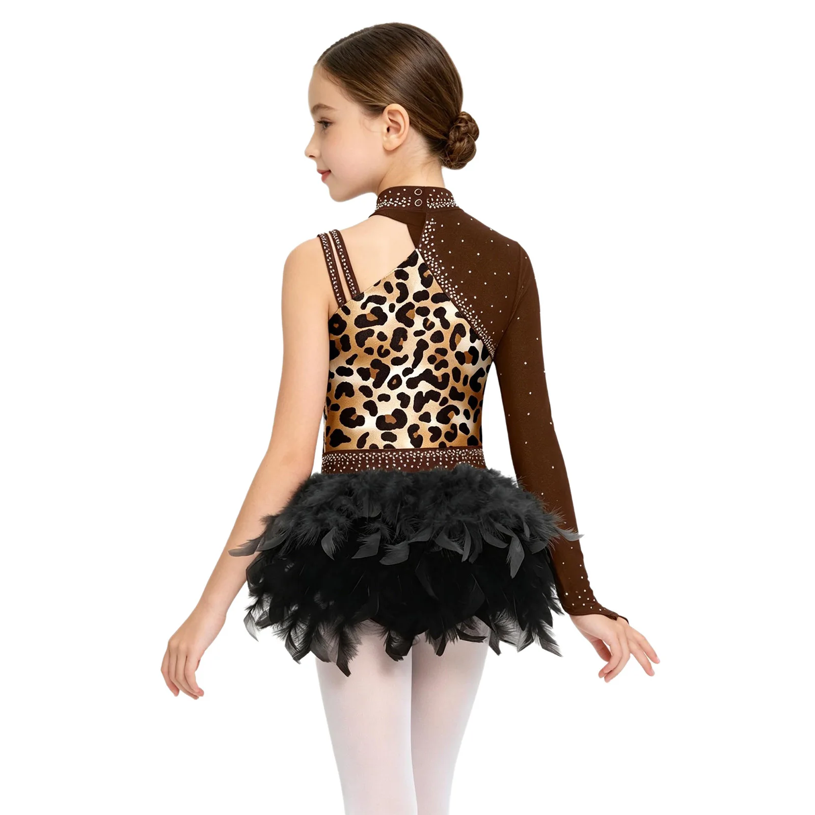 Kids Girls Printed Dance Leotard Rhinestones Asymmetrical Sleeve Deign Contrast Feather Decor Bodysuit for Dance Performance