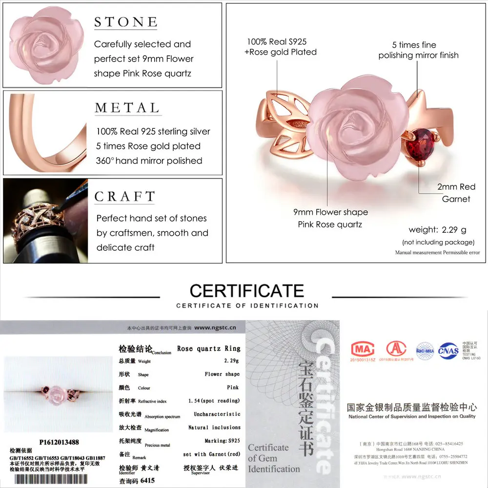 Bague Rose Ajustable en Argent 925 Plaqué Or Rose 18K pour Femme, Bijoux Fins, Quartz Rose Naturel et Grenat