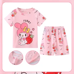 Summer Sanrio Children Pajamas Suit Cute Kuromi Kids Sleepwear Home Clothes Anime Kuromi Cinnamoroll Children Short Sleeved Set