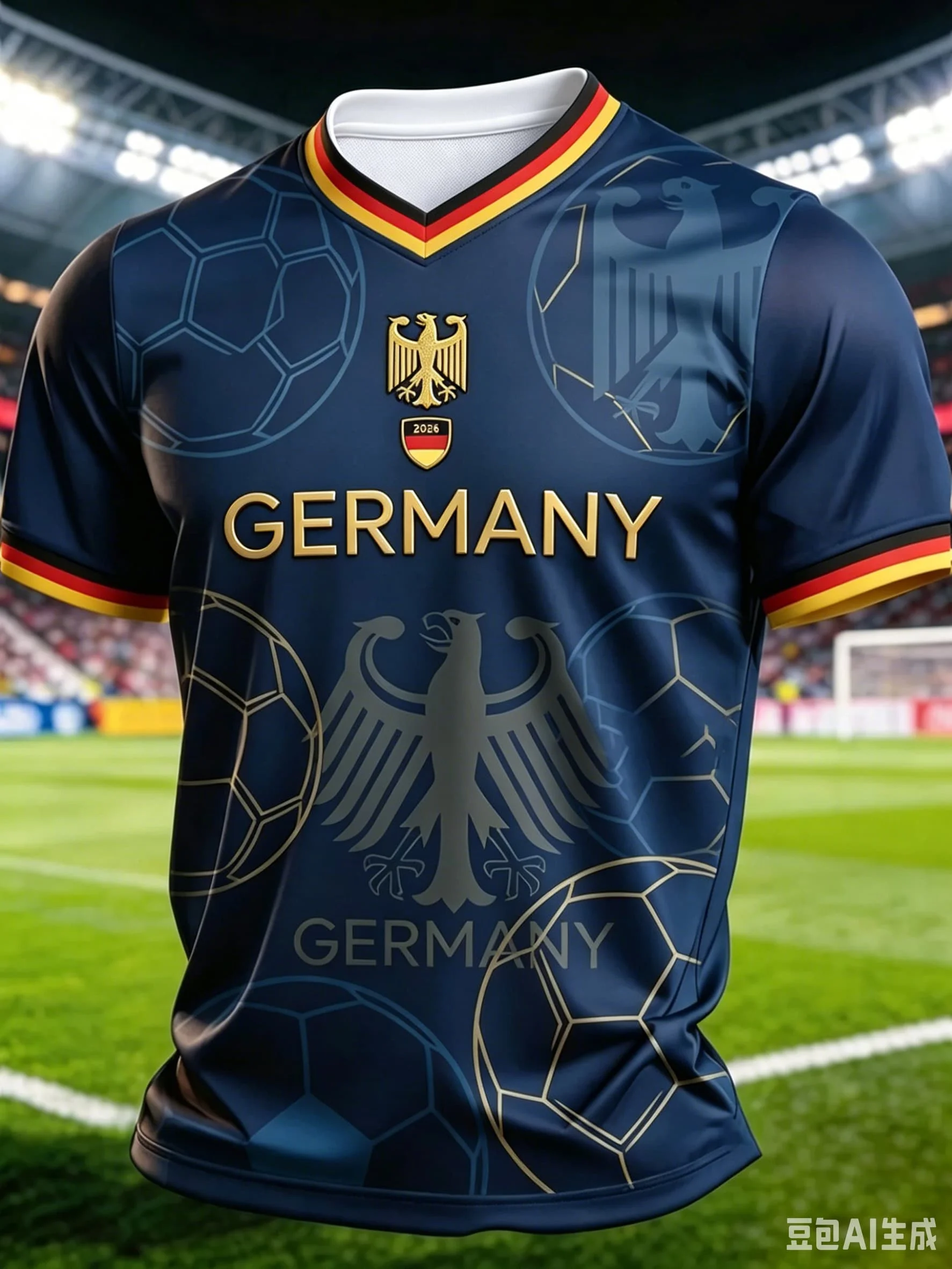 2026 Deutschland Fußballtrikot Unisex Kurzarm 3D-Druck V-Ausschnitt Fußball-T-Shirt Lässige Sport-Tops für Fans Training Herren
