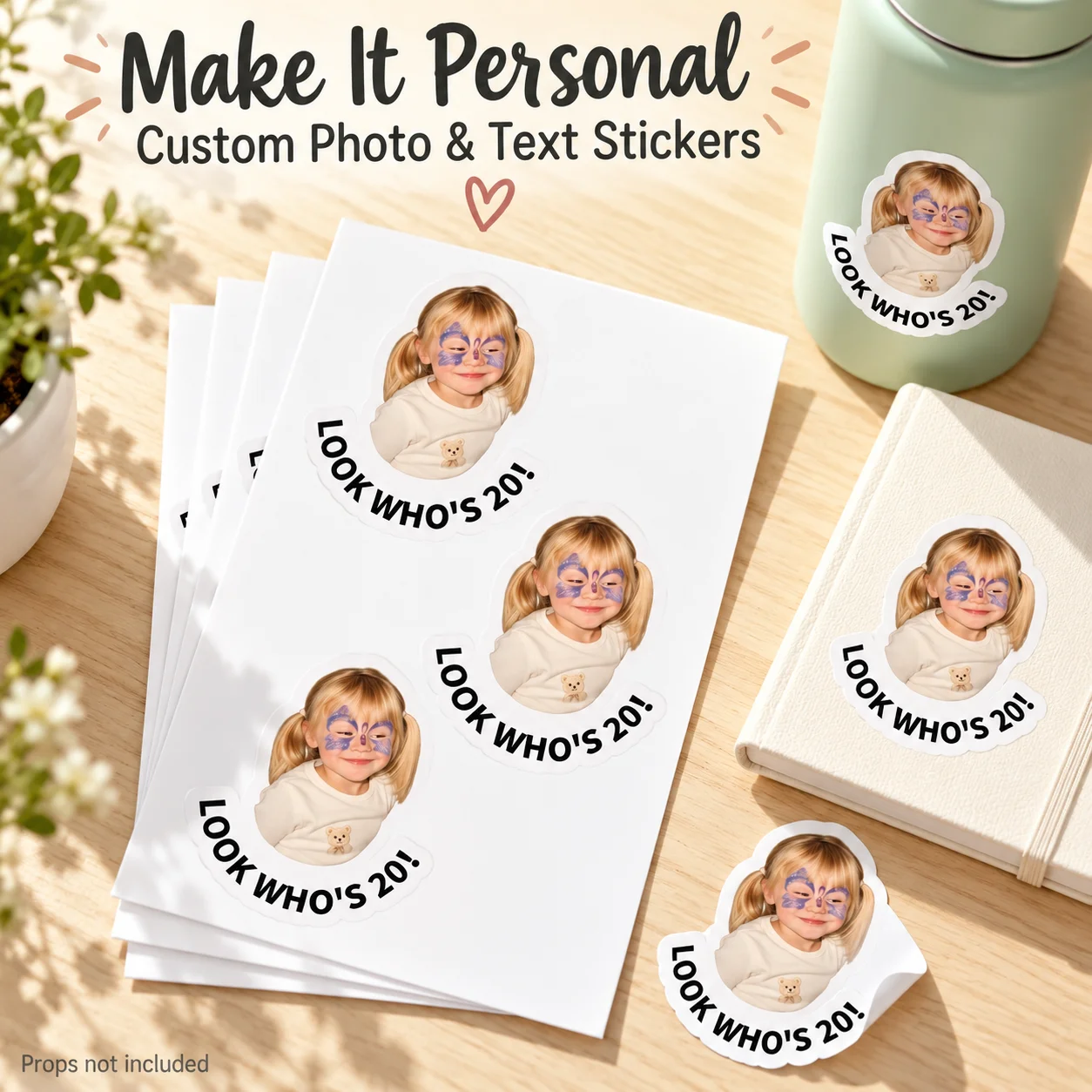 Custom Photo and Text Stickers, Personalized Die Cut Labels for Birthday Party Favors, Water Bottles, Gift Bags and Notebooks