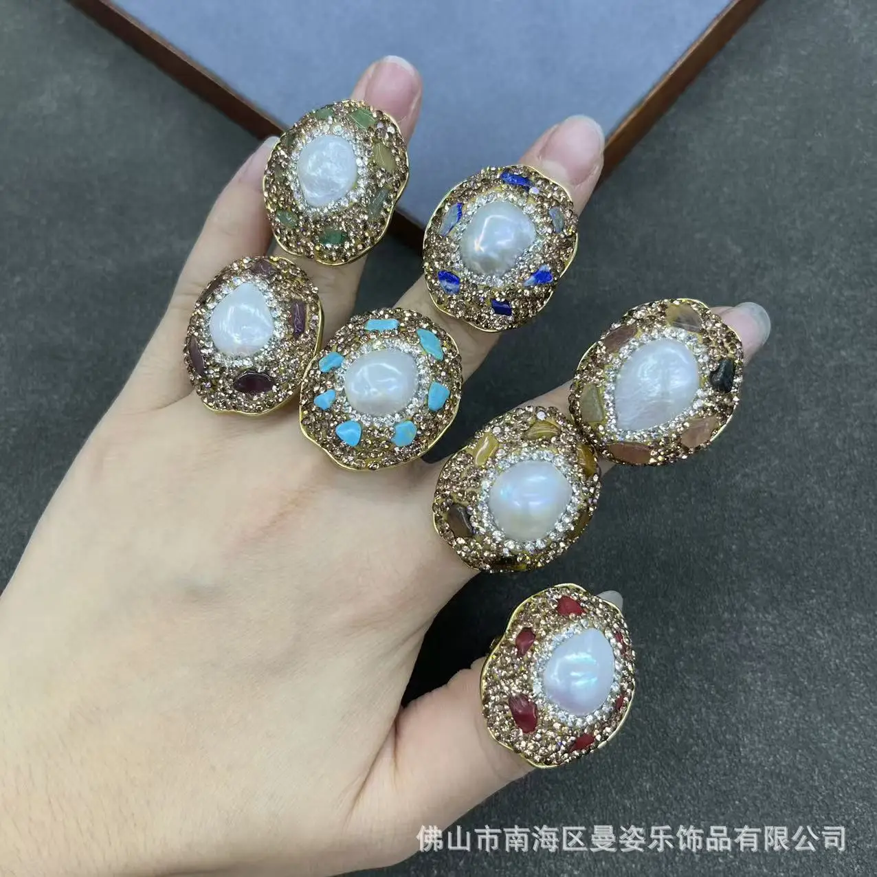 

DIY accessories New Pearl Ring Baroque Natural Freshwater Pearl Ring Inlaid with Natural Stone Full Diamond European and America
