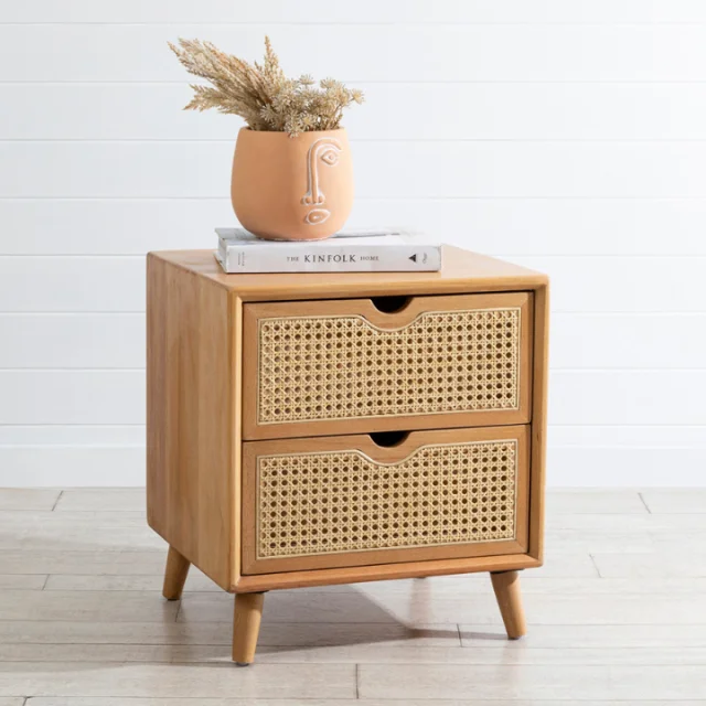 High quality wooden rattan bedside table 2 drawer nightstand cane weave affordable price