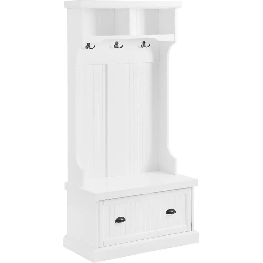

Hall Tree with Storage Cabinet, Coat Rack, and Hooks in White