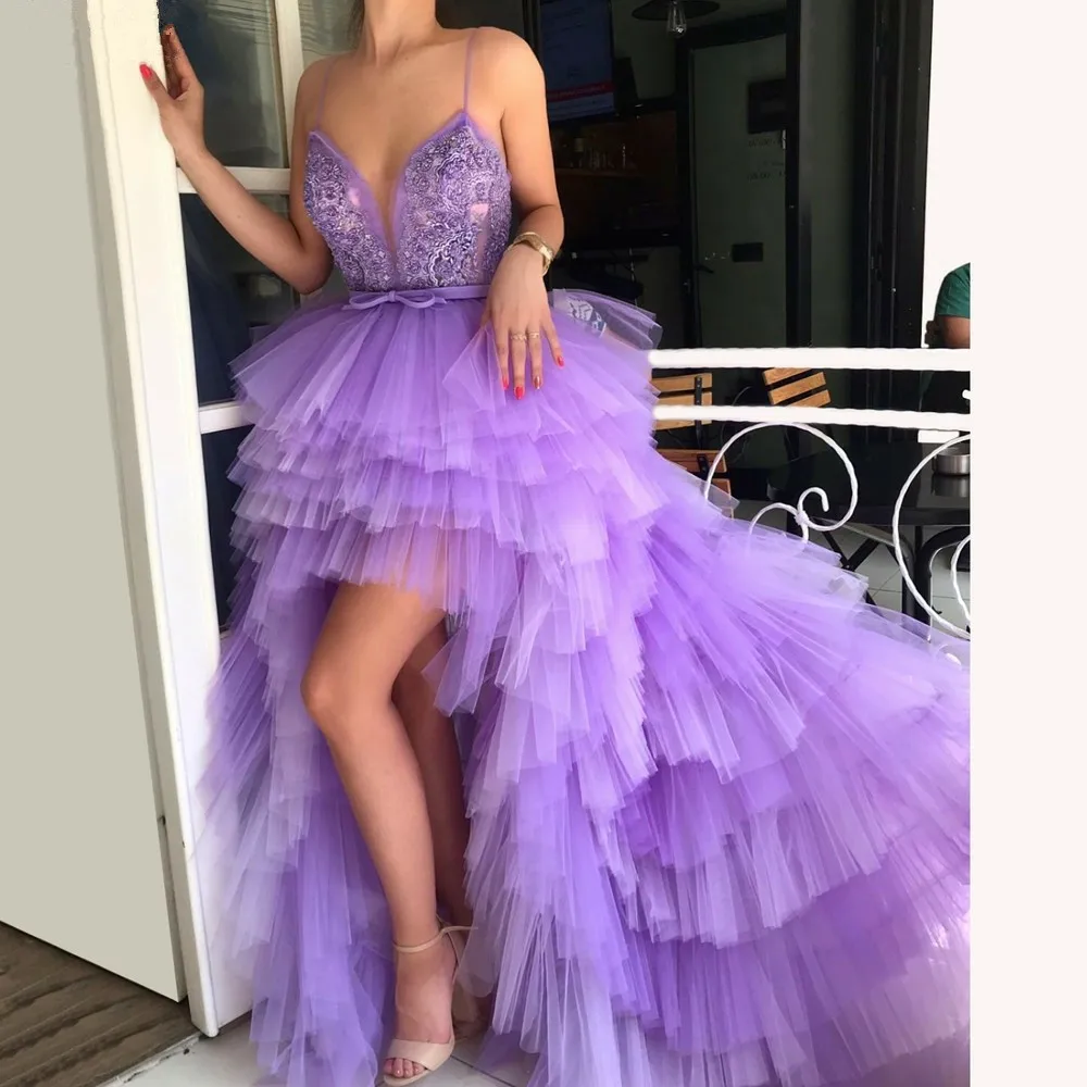 Purple sexy prom dress suspender lace applique evening dress layered banquet party birthday dress plus size customization