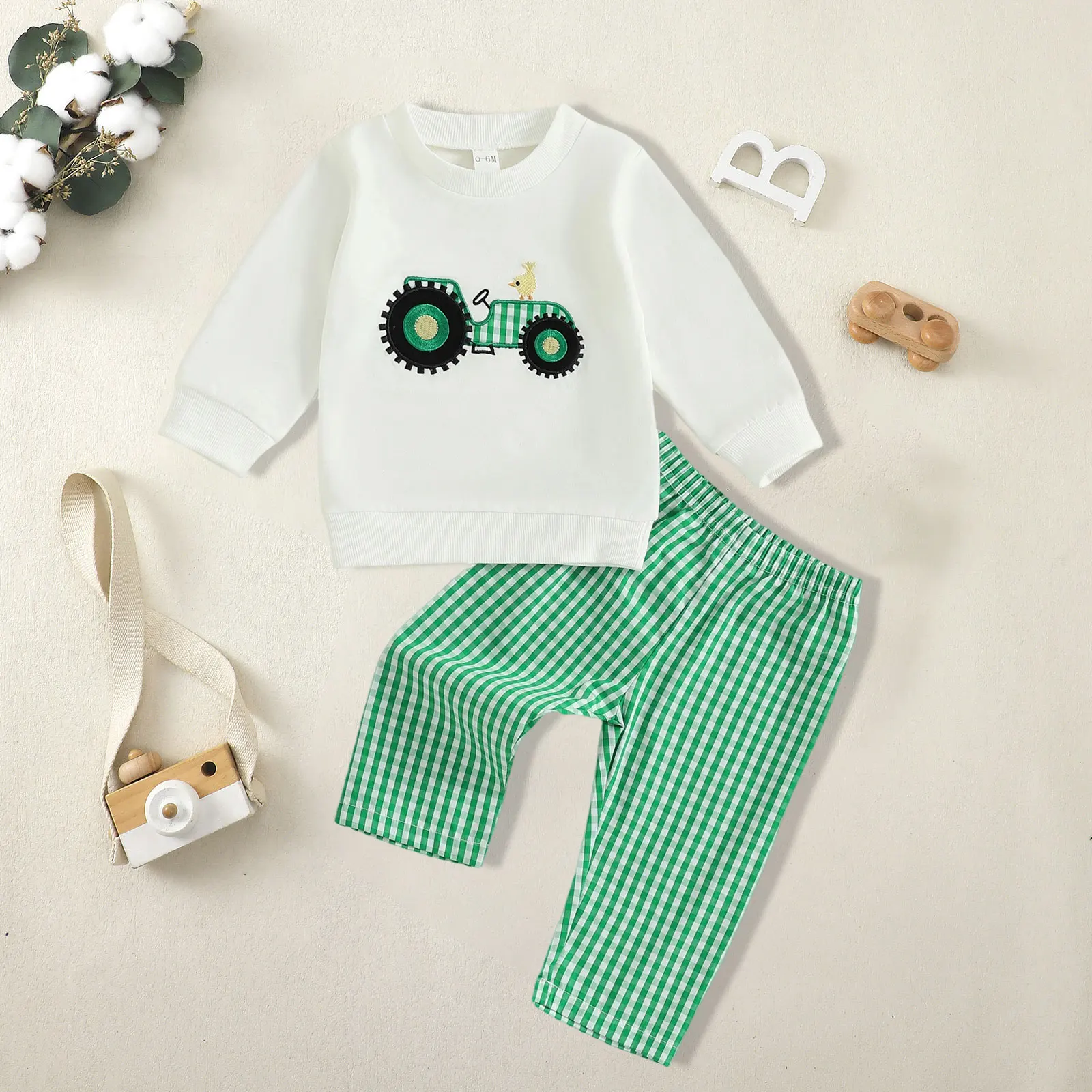 

Summer Clothes for Toddler Boys Baby Boys Long Sleeved Cute Truck Embroidered Top Checkered Pants Toddler Long Sleeve Shirt