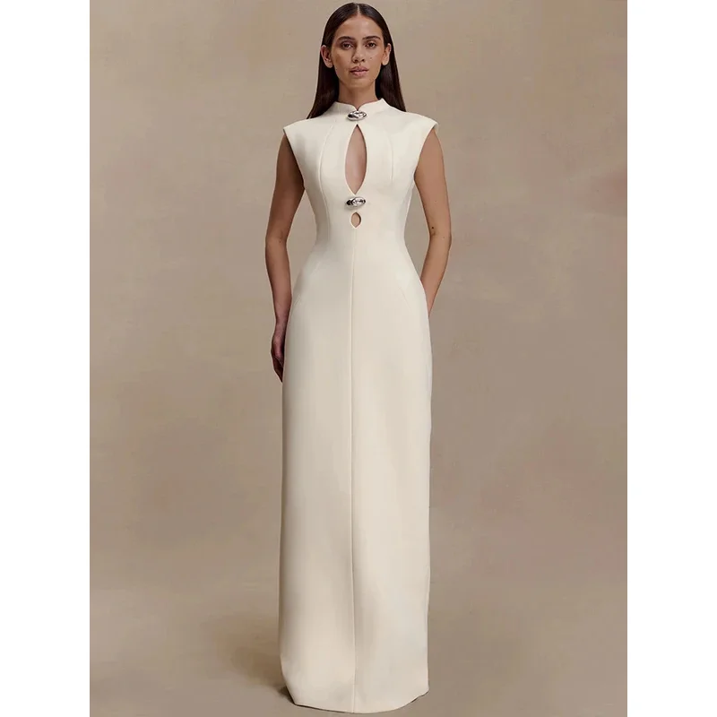 Robe Maxi sans manches découpée pour femmes, élégante, fermeture éclair, col mi-haut, taille haute, moulante, robes longues de soirée en boîte de nuit