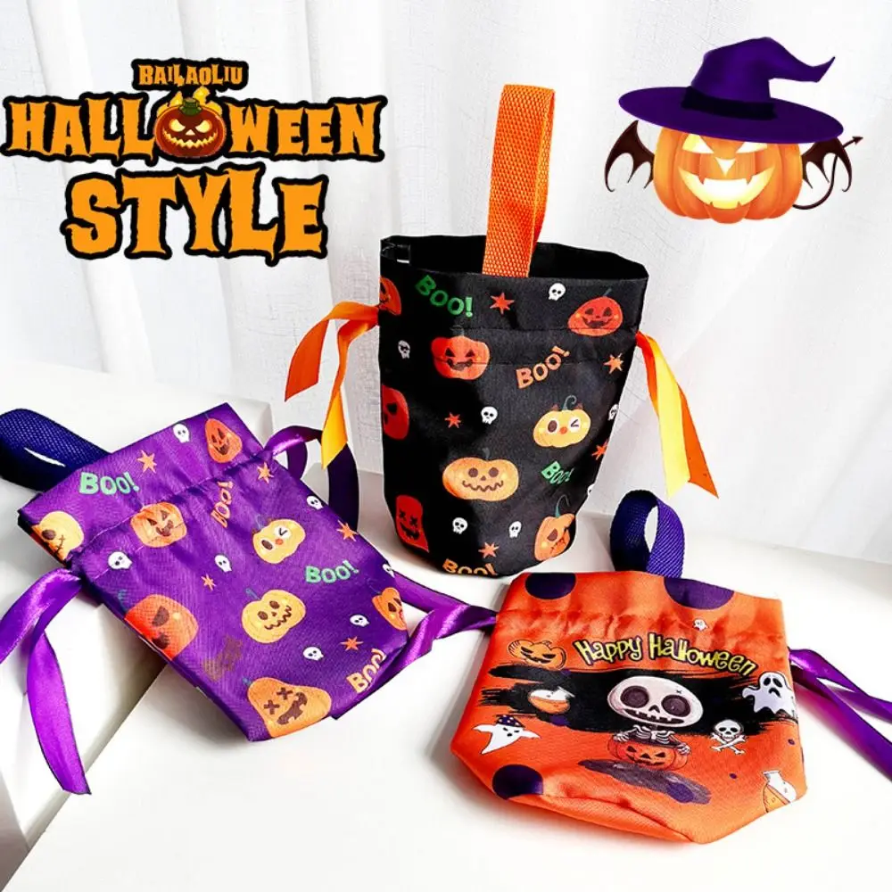 

Handheld Halloween Candy Tote Bag Portable Pumpkin Pattern Design Halloween Treat Bags Lightweight Reusable Trick or Treat Pouch