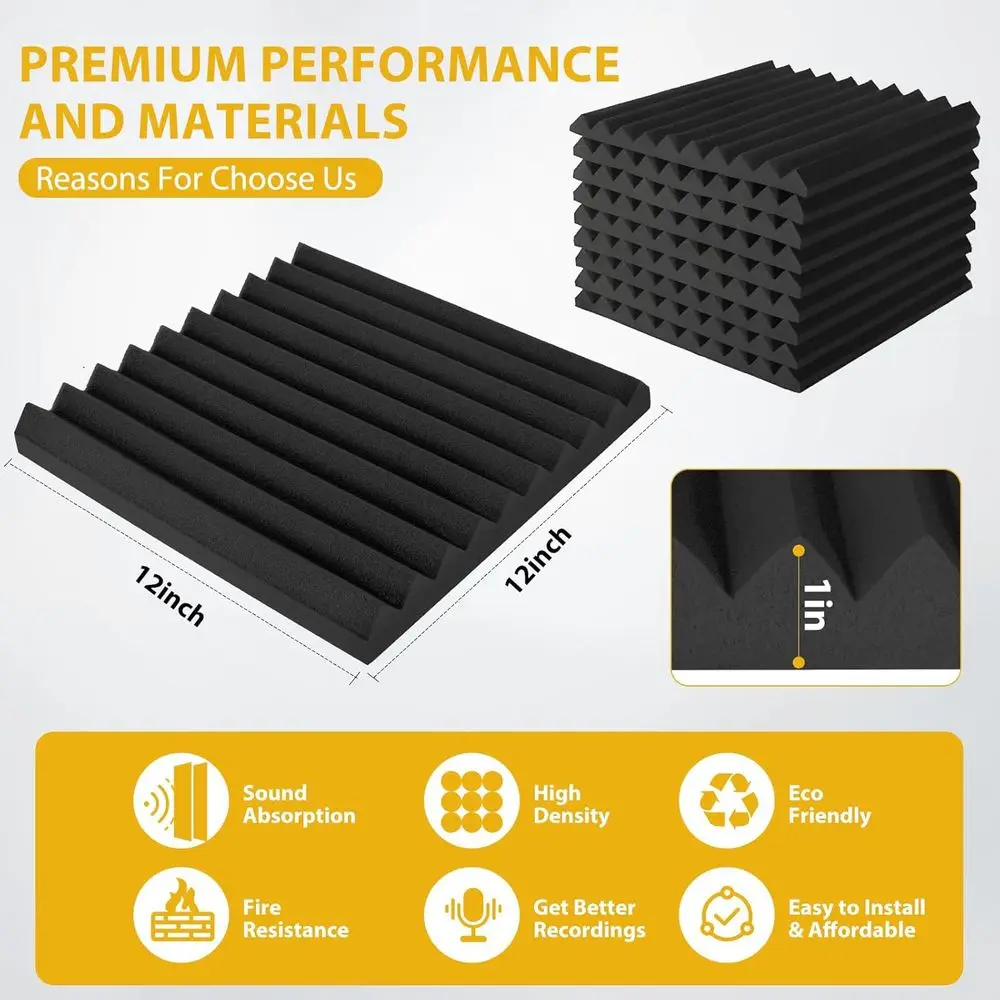 1 Thick Acoustic Panels - 12 Pack, 12 x 12 Noise Reduction for Walls, High Density Soundproofing Panels, Ideal for Studios, Offi