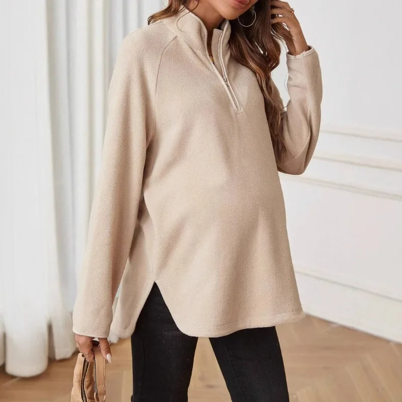 Maternity Clothes for Women Autumn Winter Pregnant Dresses Photoshoot Clothing Fashion Plain Zipper Loose Long-sleeved T-shirt
