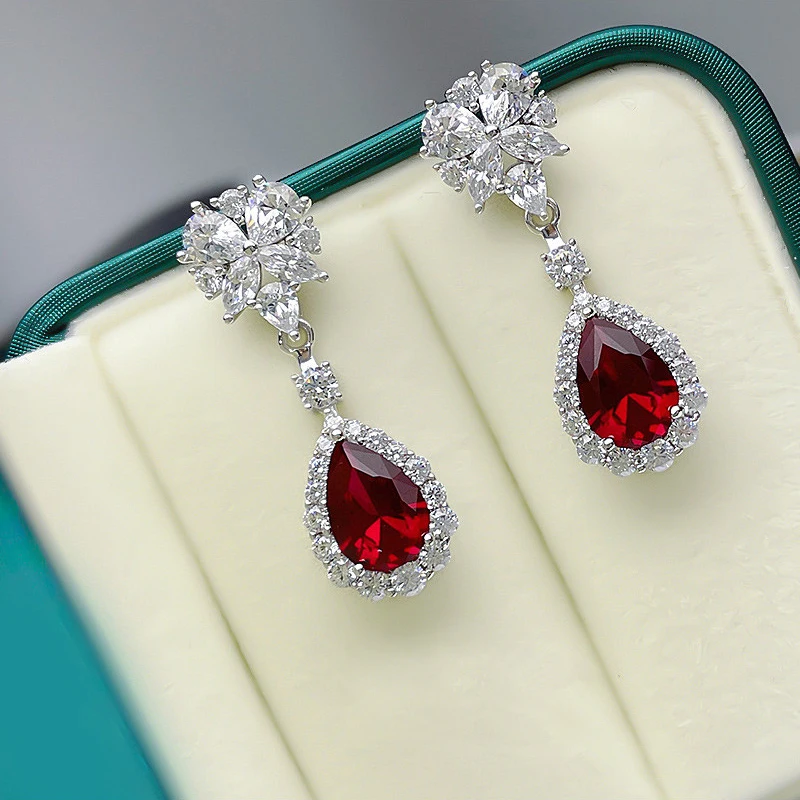 Huitan Bright Red CZ Dangle Earrings for Women Aesthetic Flower Design Bridal Wedding Earrings Anniversary Gift Trendy Jewelry
