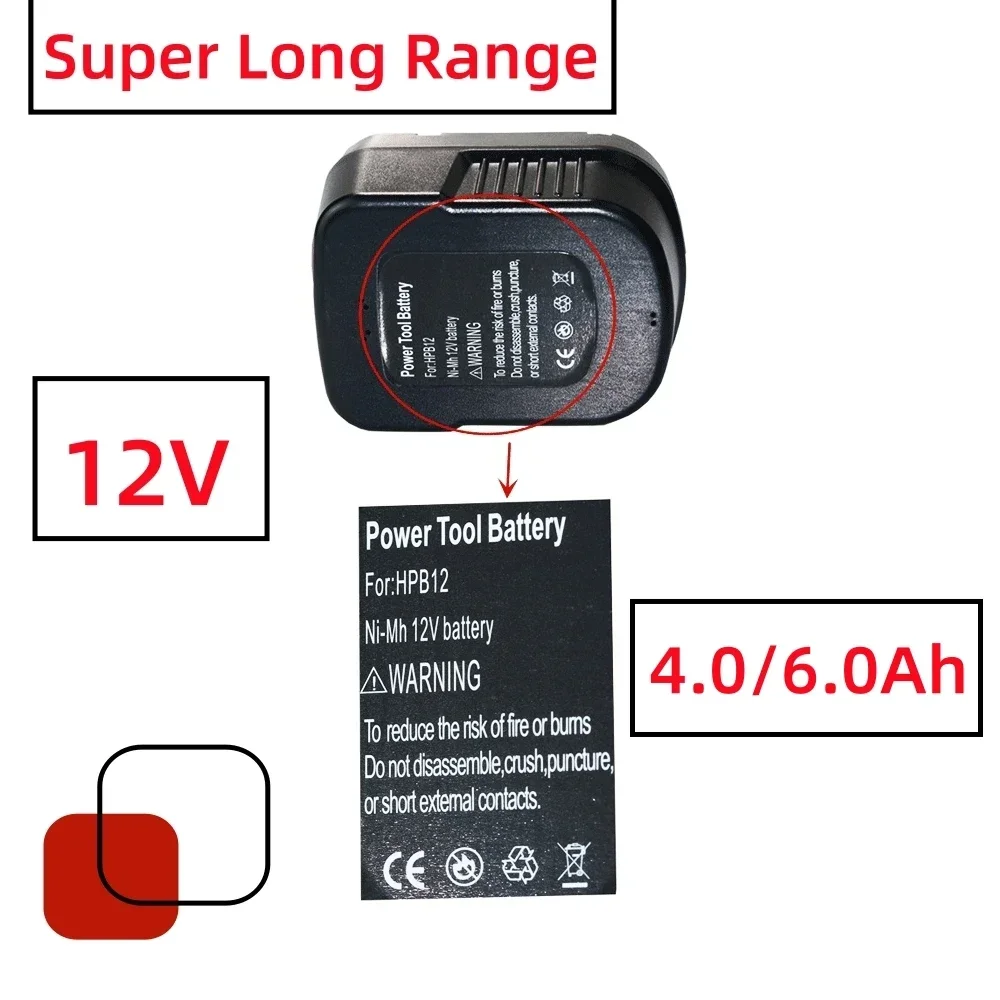 4.0/6.0Ah 12V  For Black & Decker A12 A12ex Fsb12 Fs120b A1712 Hp12k HP12 Battery Pack Replaced By Ni-MH Battery Pack