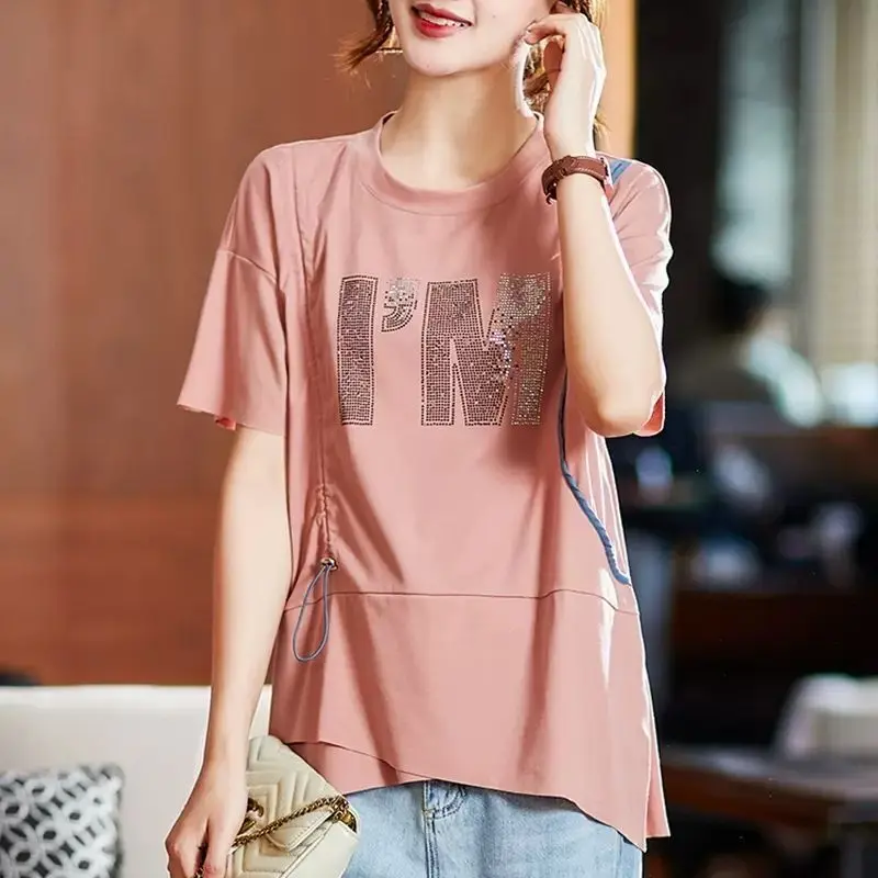 

Fashion Bright Line Decoration Pullovers Casual Shirring Summer New Korean Asymmetrical Women's Clothing Letter Diamonds T-shirt