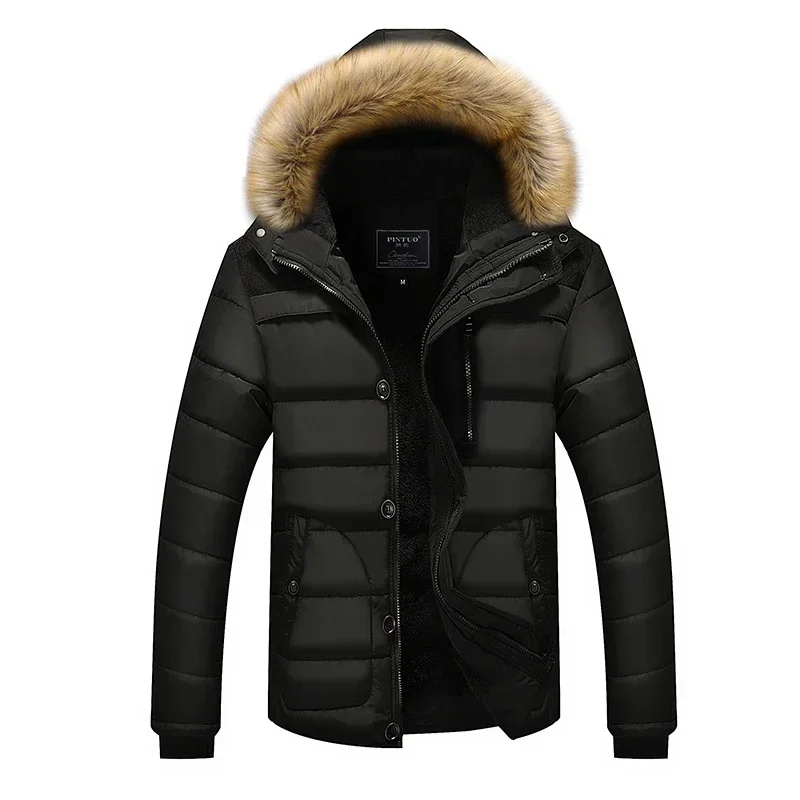 Solid Color Men\'s Parker Thicken Warm Coat Fashion Men\'s Fur Collar New Clothing Plus Size Waterproof Hooded Winter Parker Coat