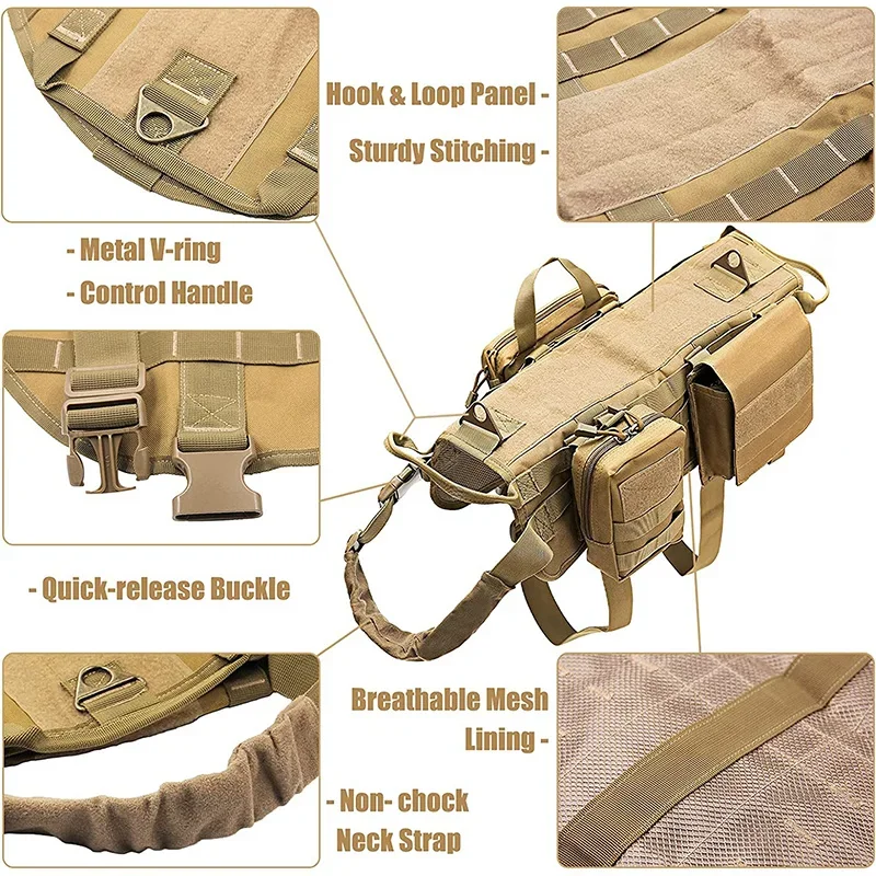 Tactical Dog Harness with Pouches Vest K9 No-Pull Handle Comfortable Adjustable Outdoor Training Service Camouflage Harness