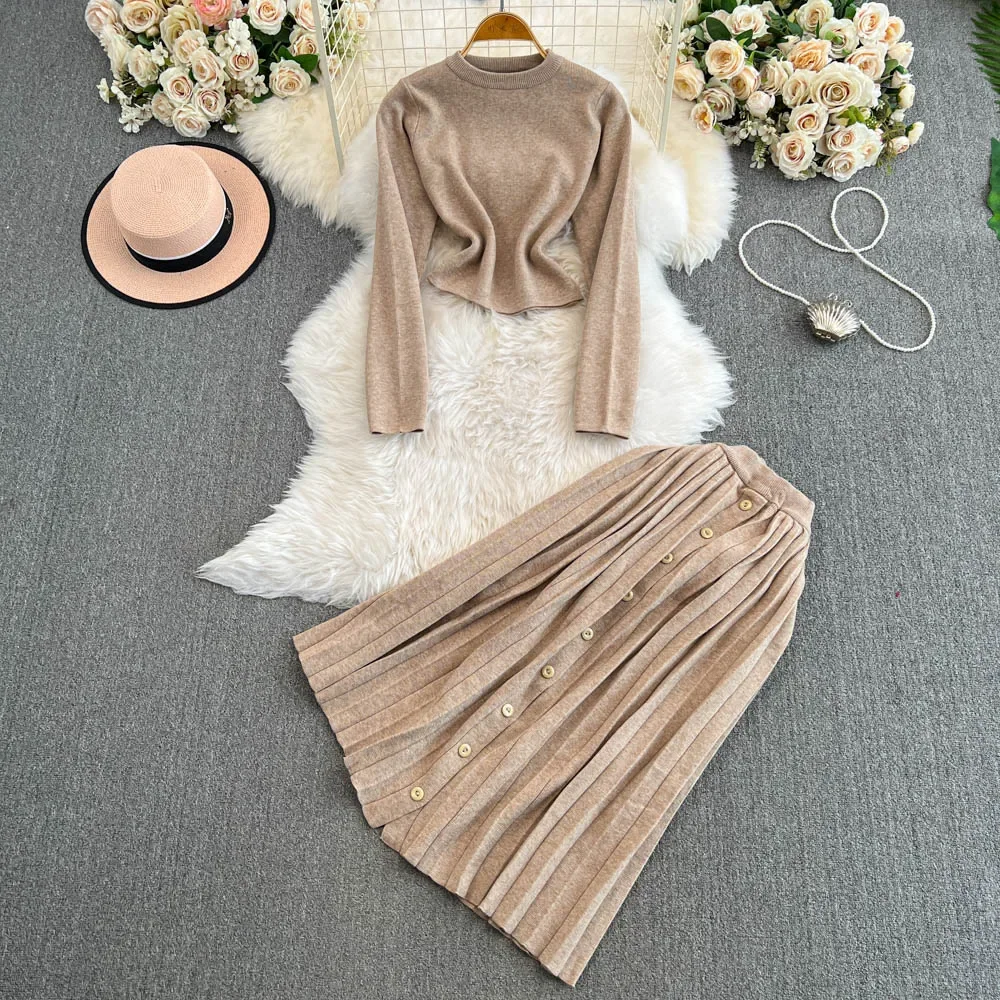 Chic Women Two-Piece Sets Knit Long Sleeve O-neck Loose Top and High Waist Split Wide Leg Pants Korean Slim Casual Clothing