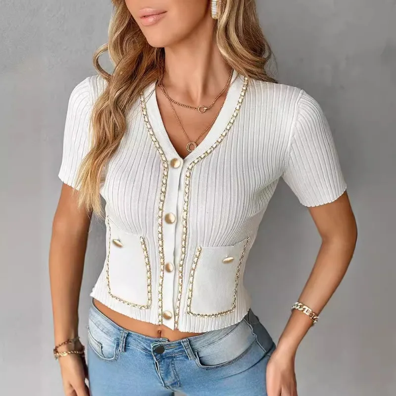 Spring Summer New Women's Solid Color Classic Style Chain Button Knitted Short-Sleeved Shirt