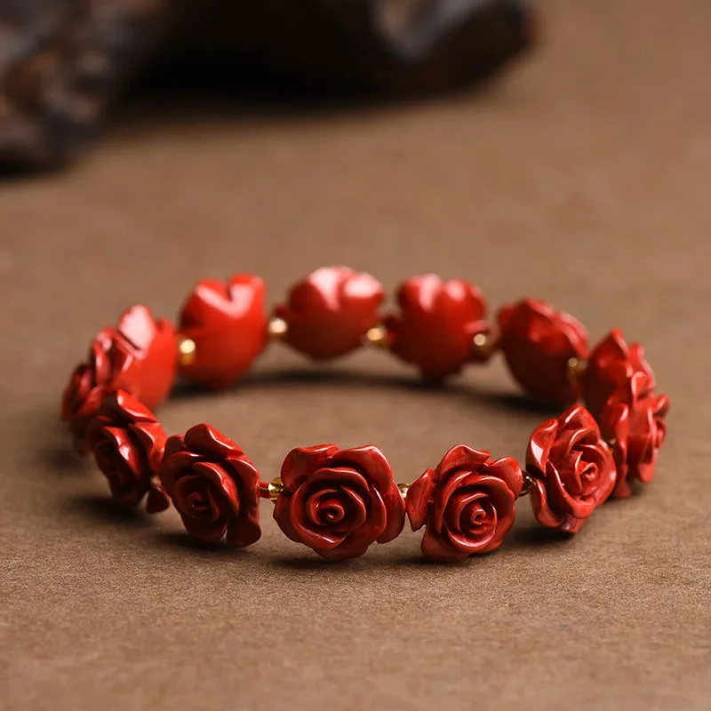 Red Cinnabar Rose Flower Beads Bracelet Designer Gift Jewelry Luxury Energy Real Vintage Bangle Natural  Amulet Customized