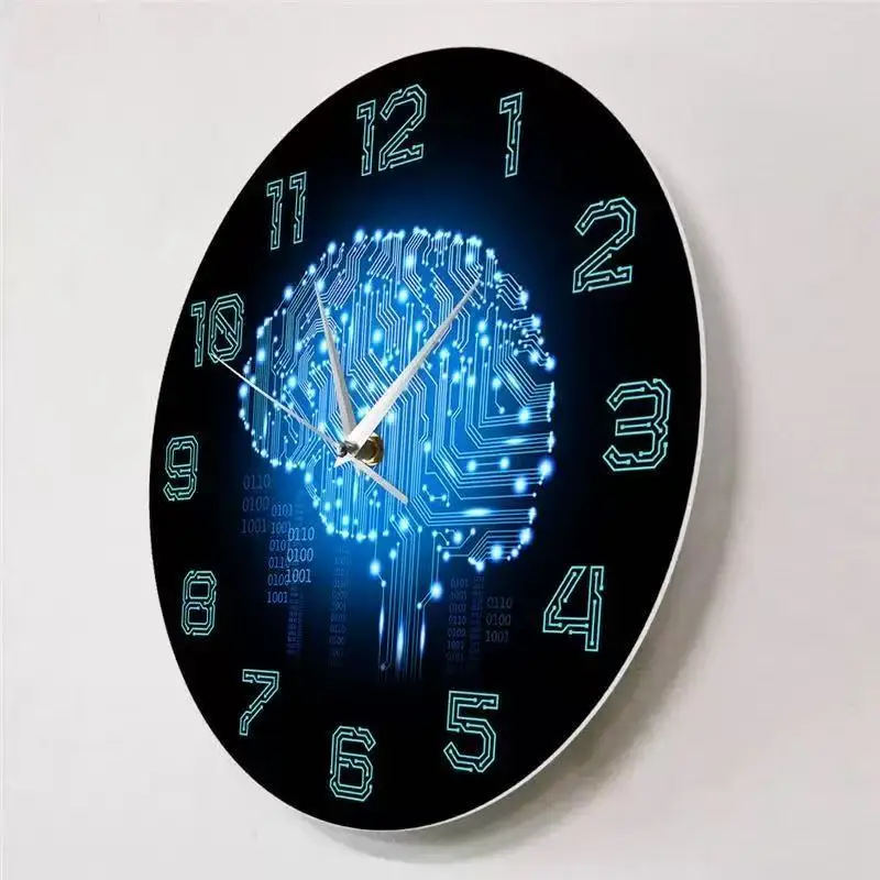 Tech Brain Wall Clock Binary Code AI Circuit Board Silent Watch for Programmers Office IT Decor Gift