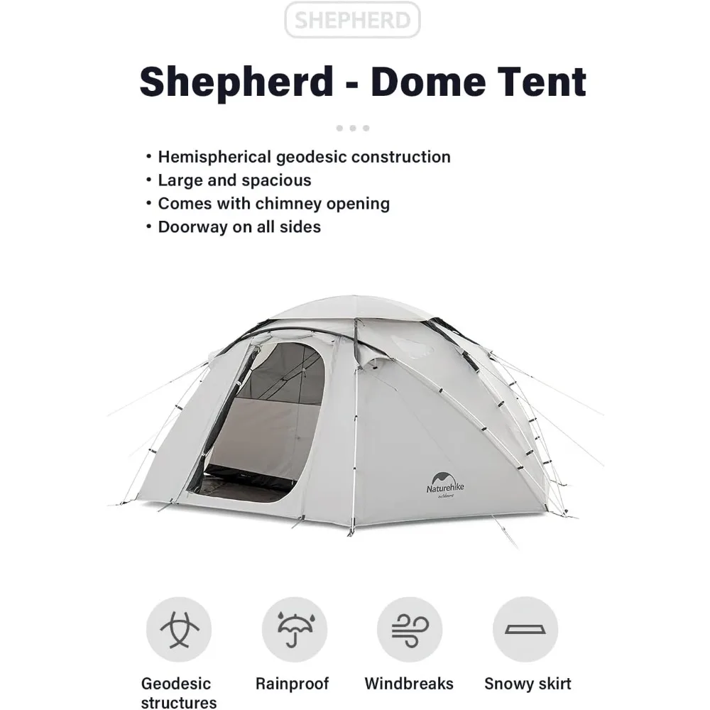 Shepherd Dome Tent 180-136-95 sq.ft 4 Wider Doors, Waterproof Windproof Sun Protection Outdoor Car Camping, with Chimney Snow.