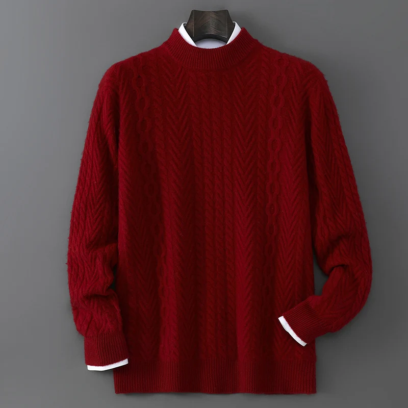 남성 캐시미어 스웨터 가을 겨울 O넥 풀오버 100% 메리노 울 니트웨어 캐주얼 두꺼운 트위스트 플라워 긴팔 의류 상의