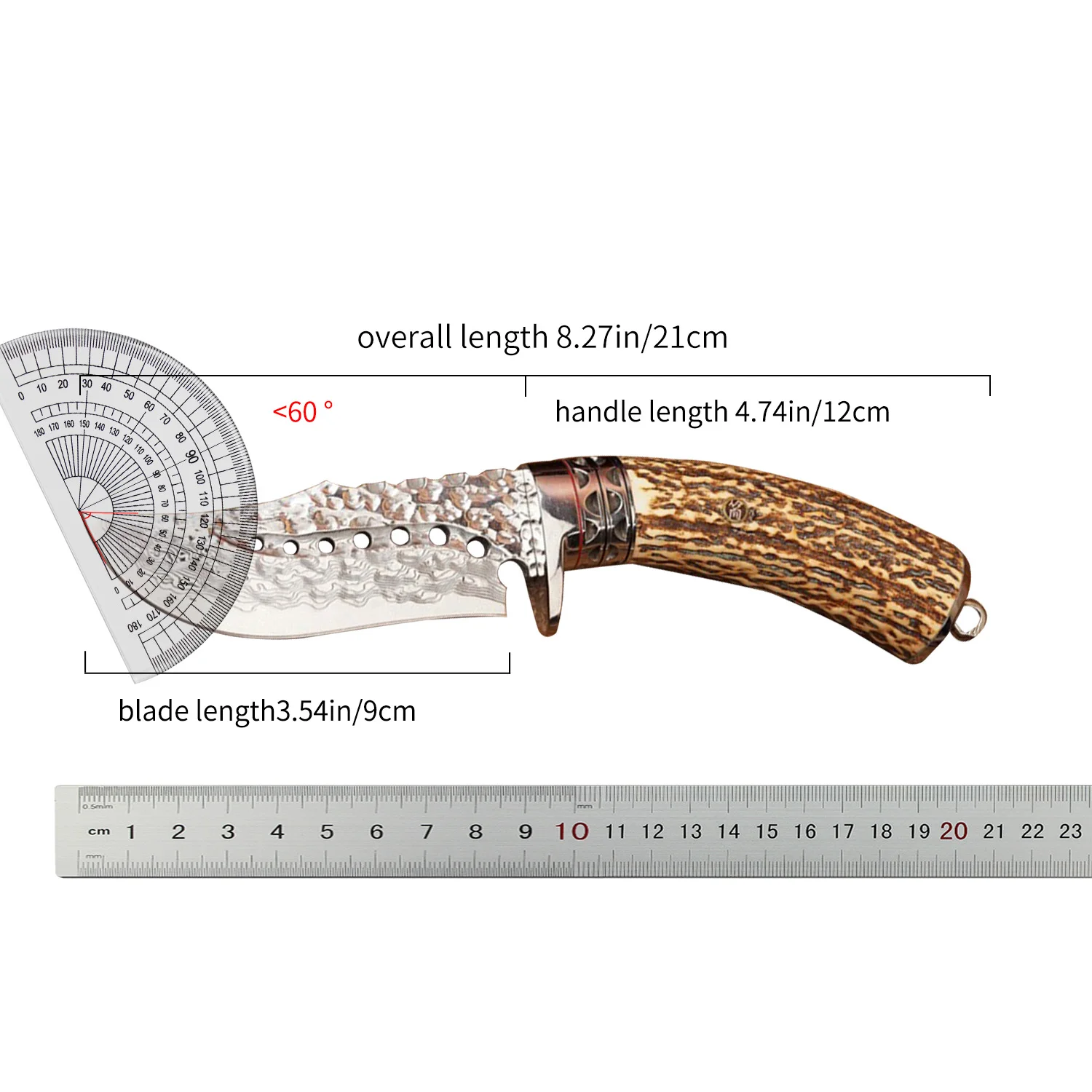 FULU 67 Layers Damascus Steel Outdoor Tool, Deer Antler Handle, 8.27inch, Leather Sheath, for Camping Hiking Fishing Wood Carvin