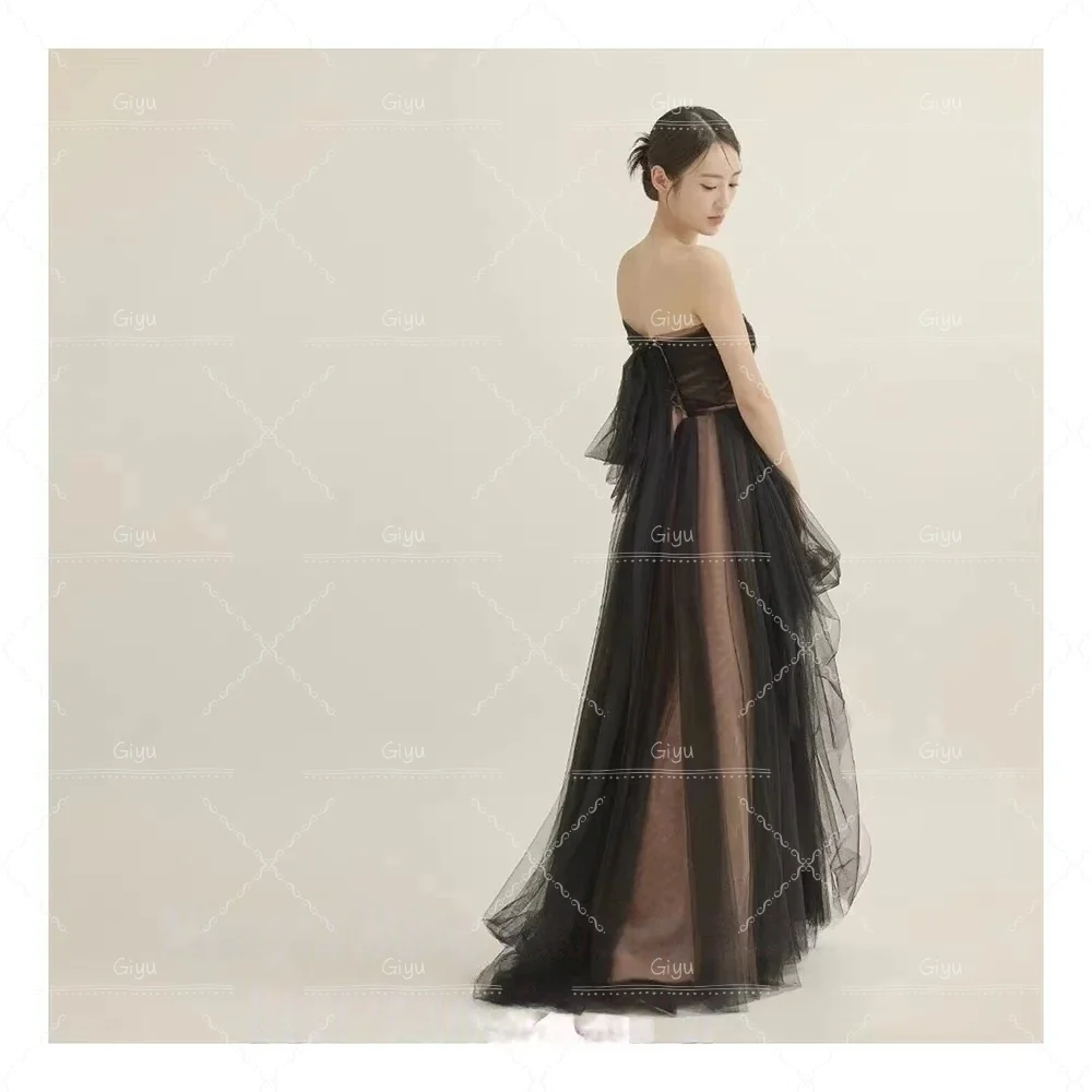 Giyu  Customized Simple Black Beach Korea Lady Prom Dresses Tulle One Shoulder Floor Length Formal Evening Dress 빅사이즈 파티