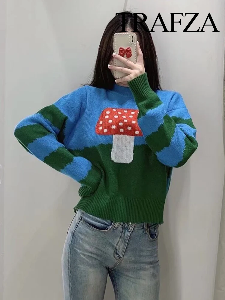 TRAFZA Women New Fashion Crew Neck Long Sleeve Cartoon Mushroom Knitted Pullover Sweater Female Elegant College Style Casual Top