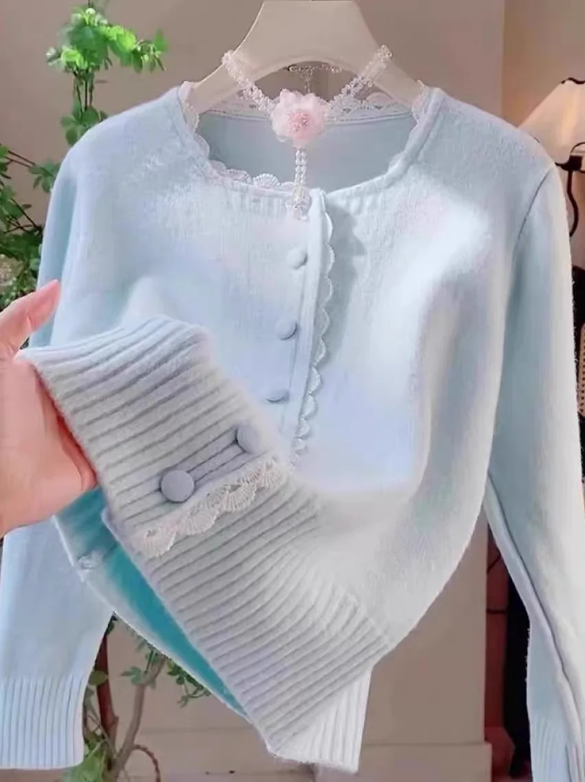 Süße Sanfte Spitze Trim Milch Blau Gestrickte Pullover Mantel frauen Frühling Herbst Neue Sle Faionable Offene Strickjacke Top