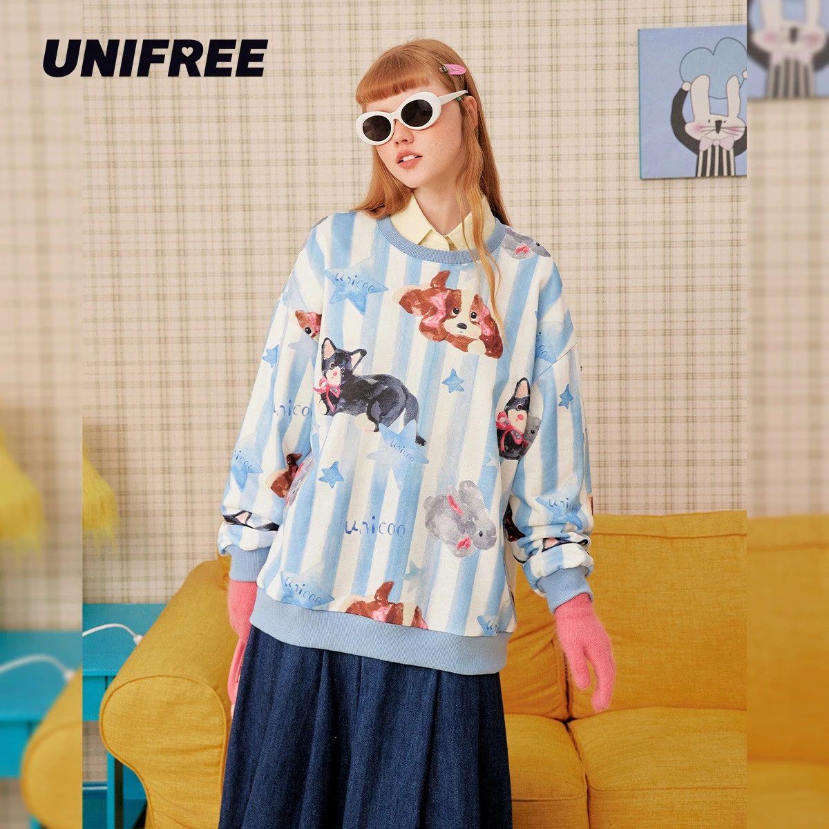 

UNIFREE Cute Animal Print Sweatshirts for Women Streetwear HipHop Loose Colorful Cartoons Pullovers Fashion Long Sleeves Tops