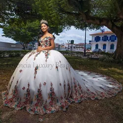 Mexican Quinceanera Dresses Exquisite Sweet 15 16 Off Shoulder 3D Flowers Applique Formal Beading Sleeveless Vestidos XV Años