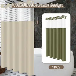 No Hook Shower Curtain 72x75 inch Waterproof Bath Curtain with Snap in Removable Liner and Translucent Mesh Top Window for Home