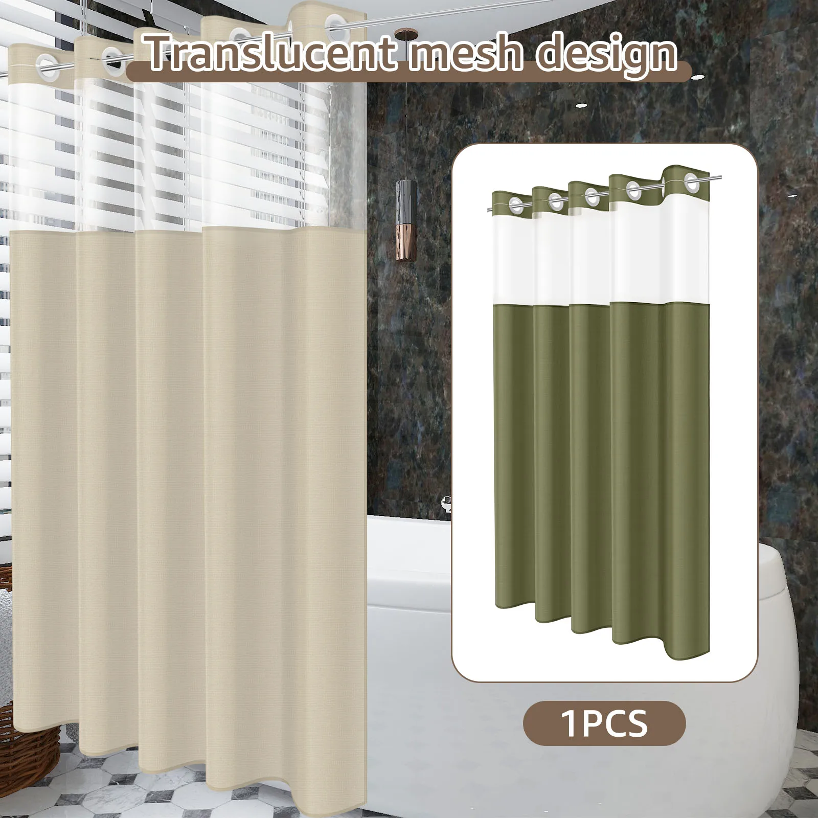 No Hook Shower Curtain 72x75 inch Waterproof Bath Curtain with Snap in Removable Liner and Translucent Mesh Top Window for Home