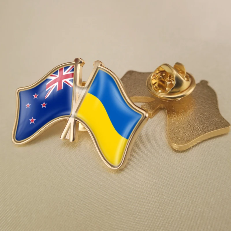 

New Zealand and Ukraine Crossed Double Friendship Flags Lapel Pins Brooch Badges