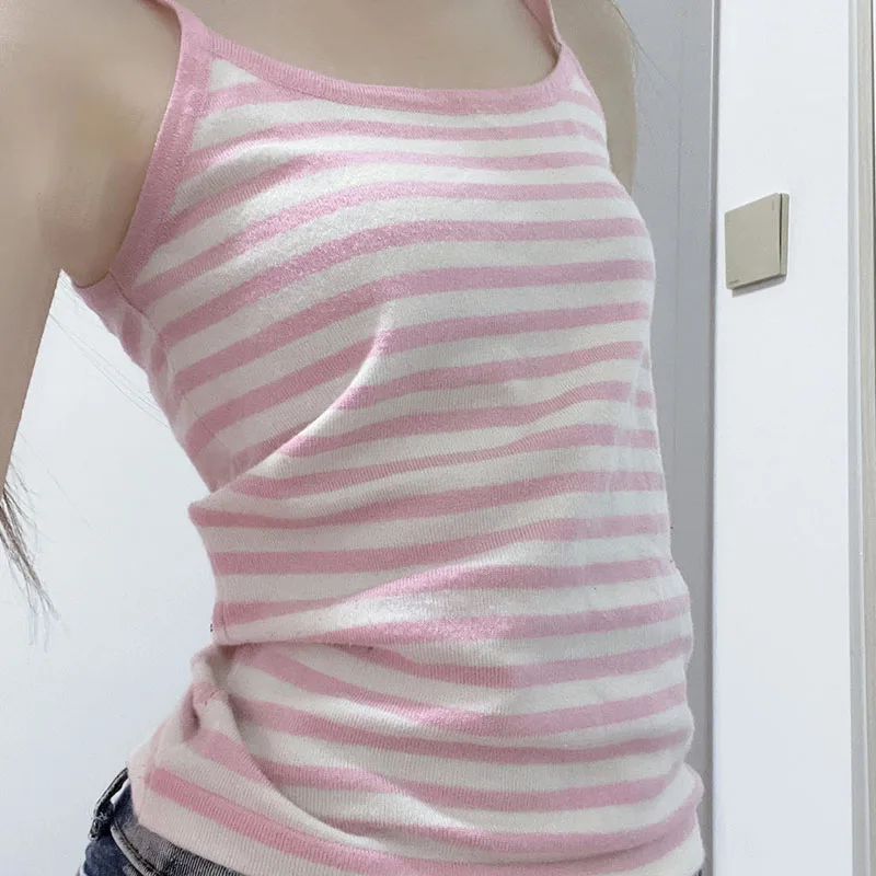 

Summer Sweet Women Sexy Pink Striped Tanks Y2K High Elastic Streetwear Ladies Vest Casual Korean Style Ladies Camis Tops