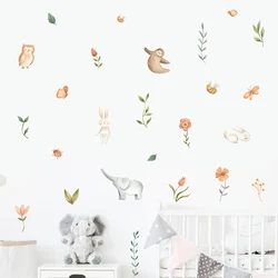 Boho Cartoon Cute Elephant Rabbit Animals Flowers Leaves Nursery Vinyl Wall Decals Art Posters Kids Room Girls Bedroom Home Deco