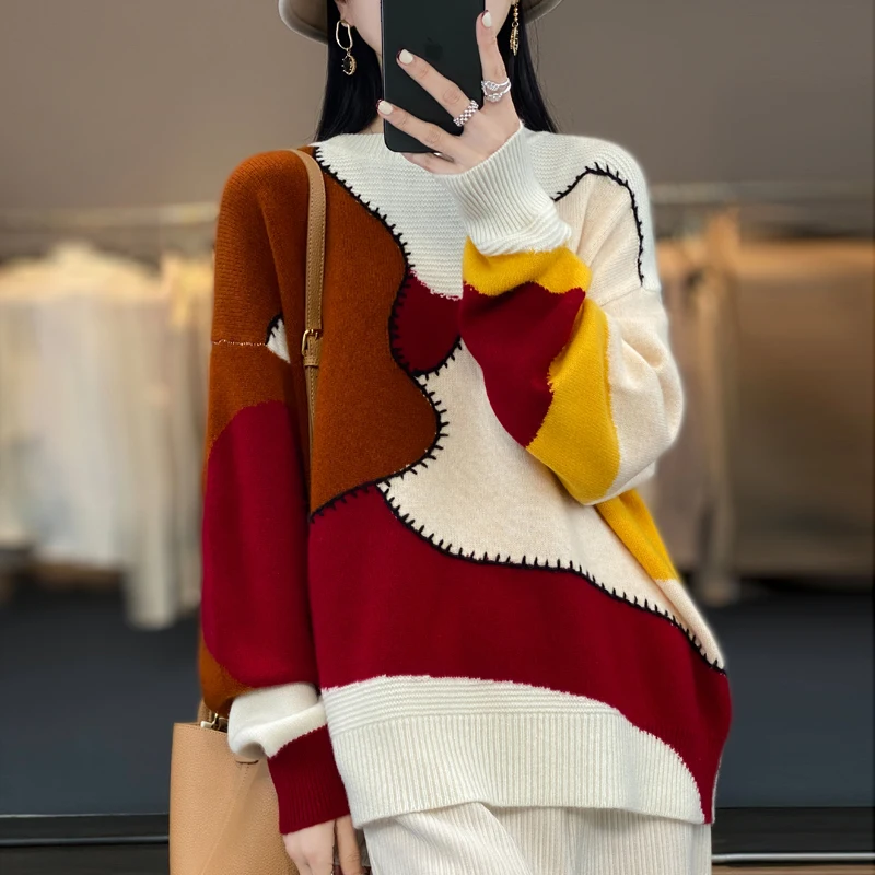 Fashion O-Neck Spliced Knitted Color Sweater Female Clothing 2023  Autumn New Loose Casual Pullovers All-match Korean Tops