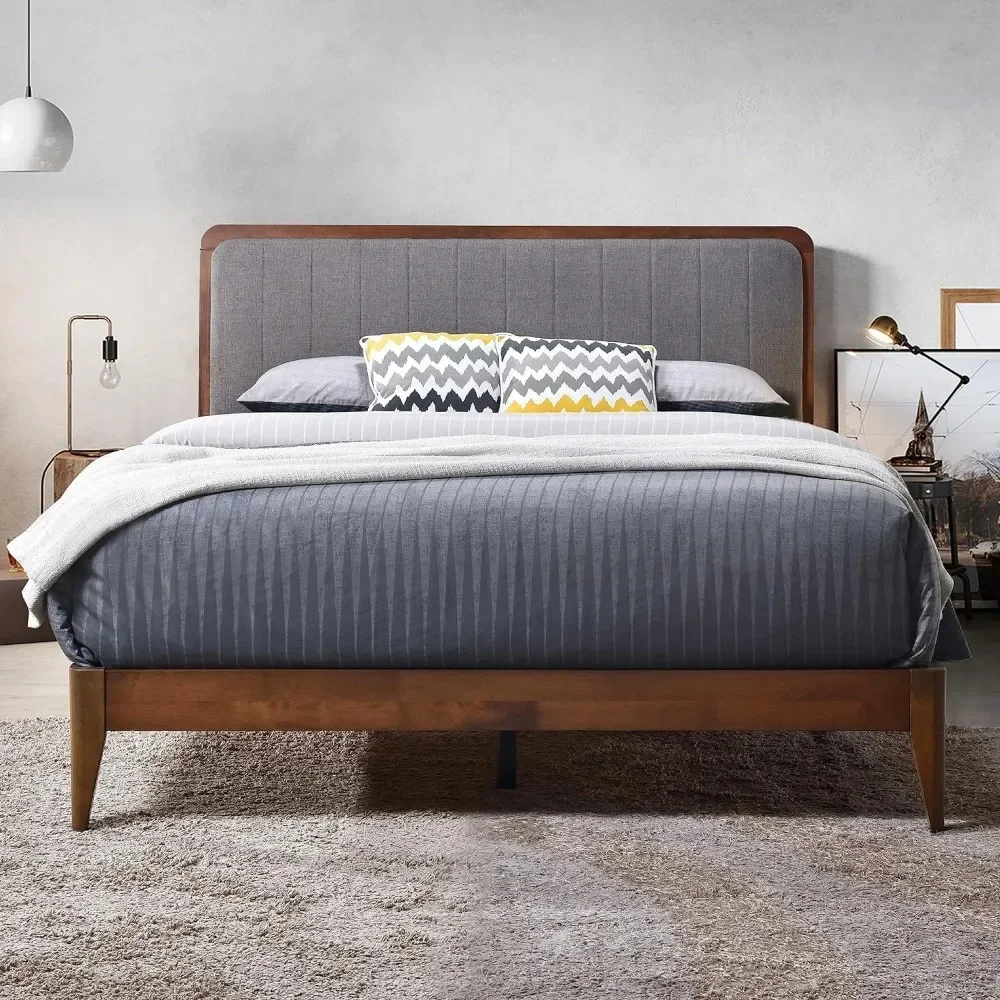 bedstead Queen Size, Platform Upholstered Adjustable Height Headboard, No Box Spring Required, Walnut Finish, Grey bedstead