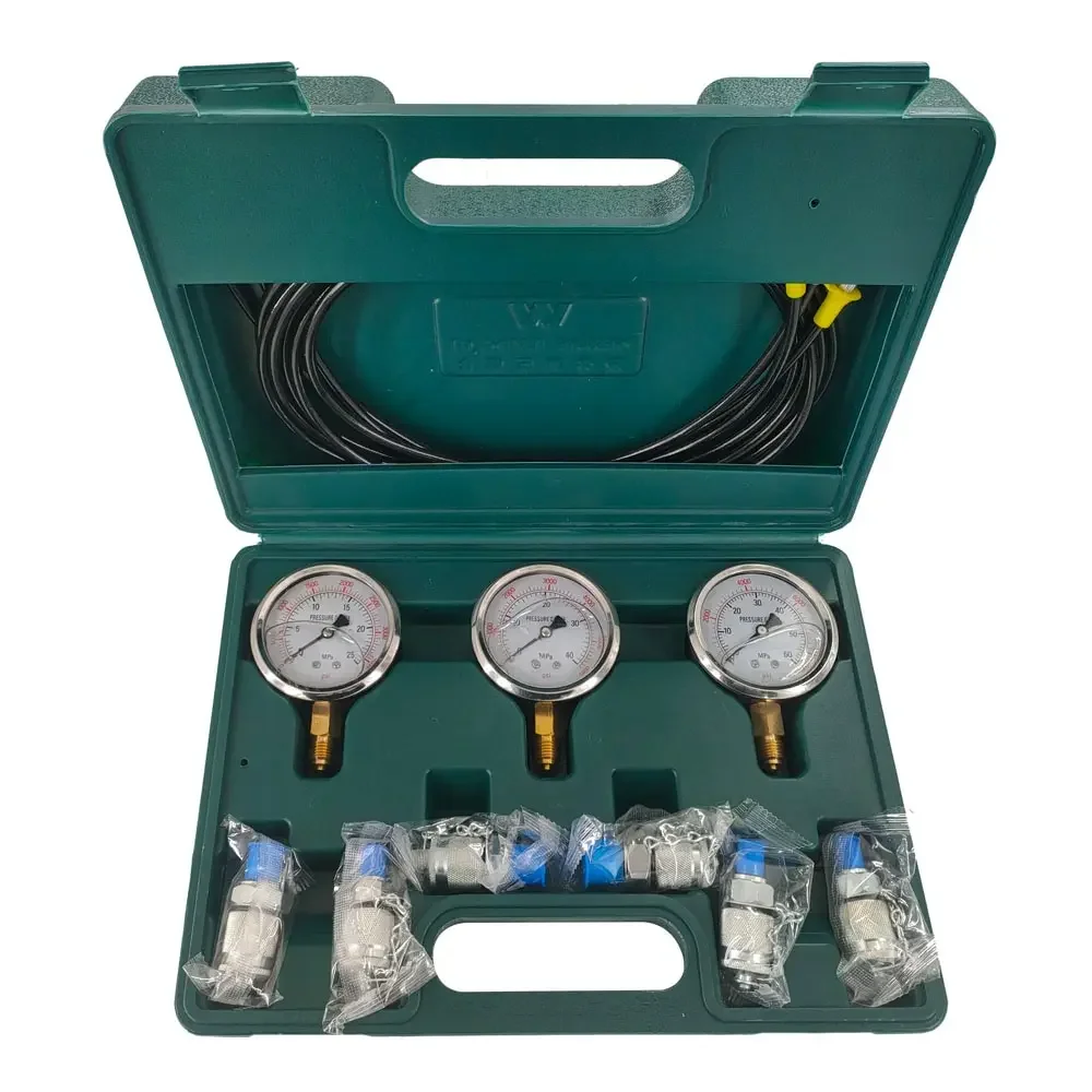 Hydraulic Pressure Gauge Kit Excavator Hydraulic Kit Pressure Meauring Device 6 Test Couplings 3 Pressure Gauges 3 Test Hose