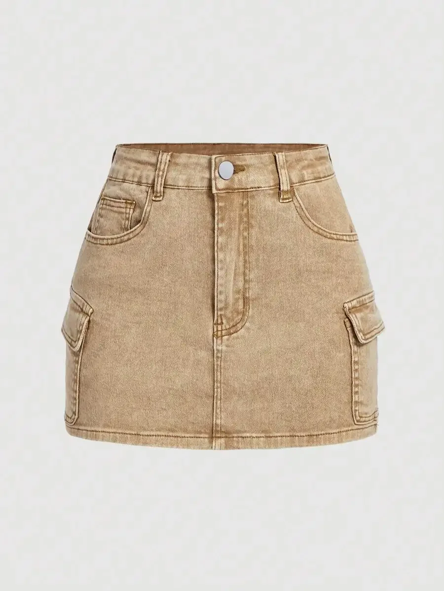 

Women's Khaki Mini Denim Skirt with Cargo Pockets and Thermal Lining