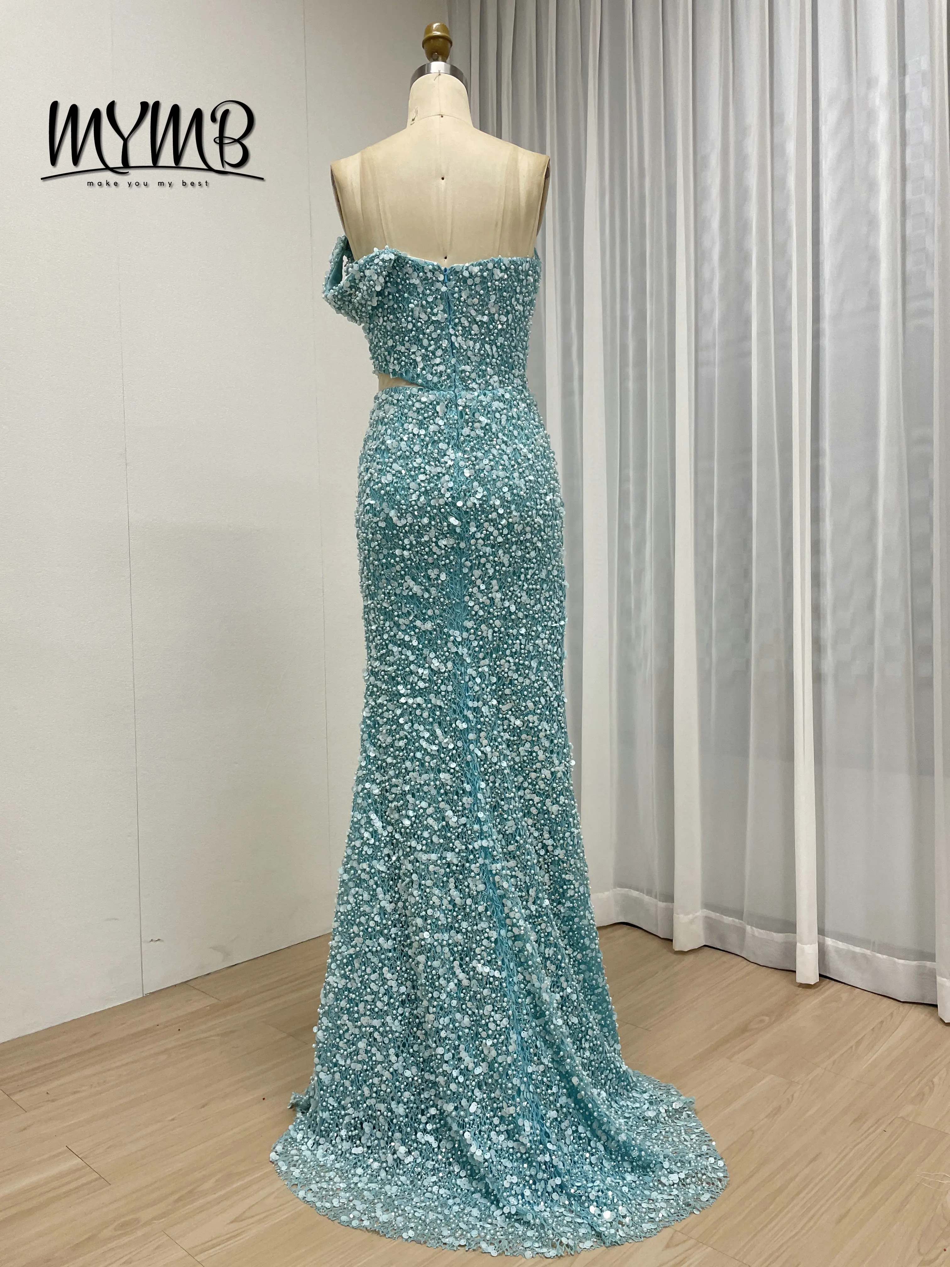 Mymb elegante azul verde sereia vestidos com alta divisão lantejoulas vestidos formais ruched detalhando miçangas cintura natural my30172