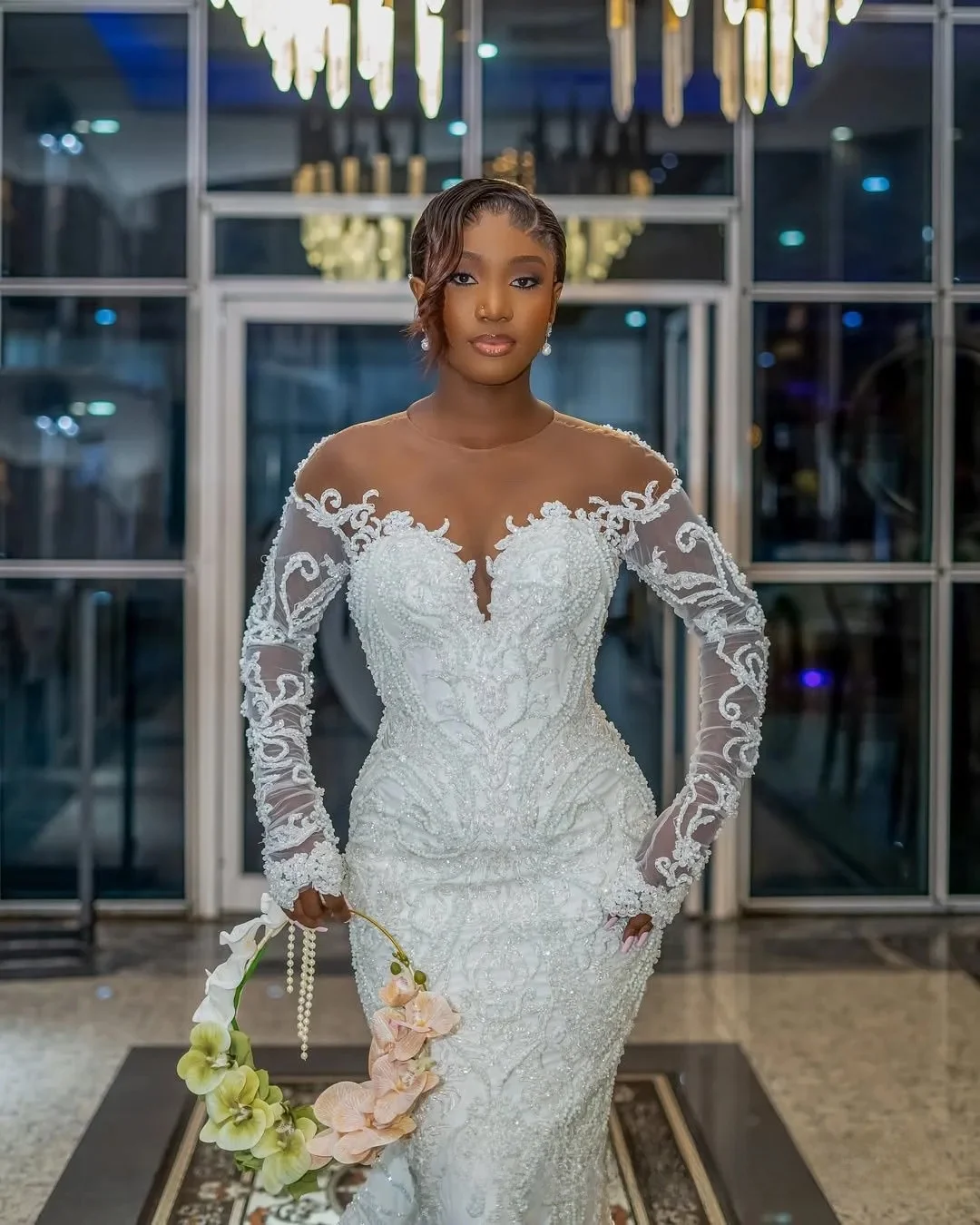 Personalizado plus size vestido de casamento africano vestidos de noiva para noiva sereia sheer neck mangas compridas ilusão appliqued frisado renda