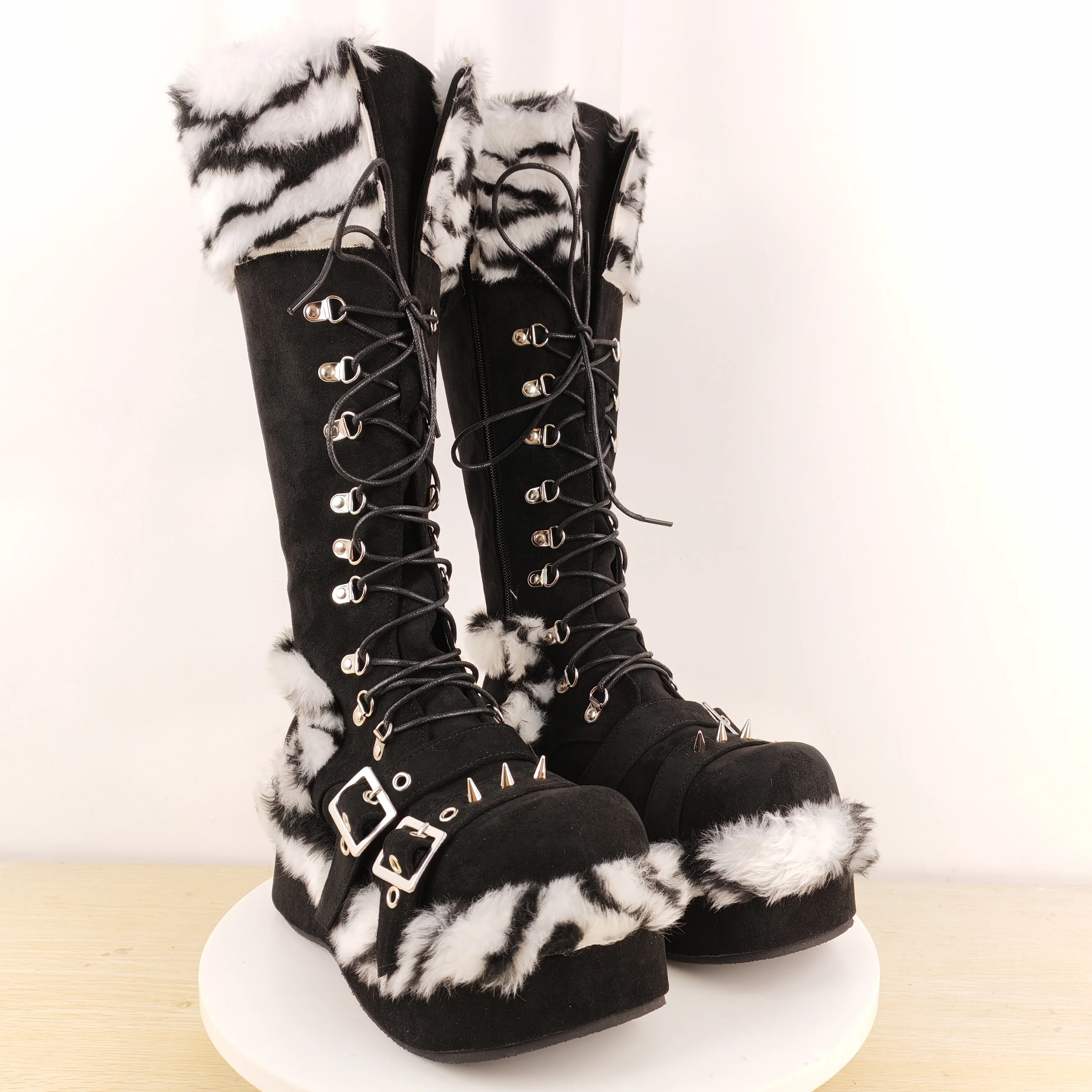 Women's Black White Zebra Fur Lace-Up Boots Platform Sole Buckle Detail Edgy Punk for Autumn/winter Streetwear Statement Looks